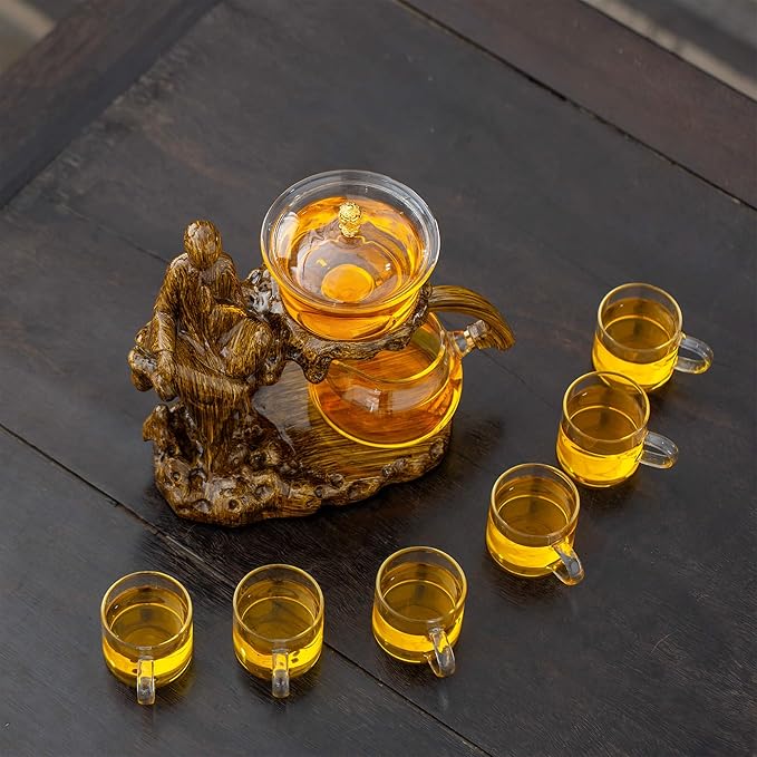 Semi Automatic Teapot Set, Glass Teapot Set with Strainer Kungfu Tea Sets (Meditation-brown)