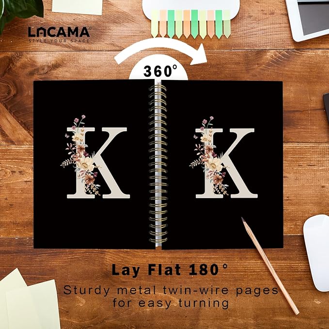 Lacama Cute Initial Letter K School Notebook Journal, Aesthetic Wildflower Personalized Black Spiral Notebook, School Supplies, Customized Monogrammed Gifts, Birthday Gifts for Women, Office Supplies