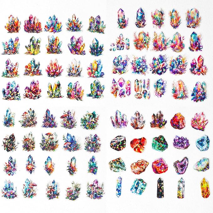 160-Piece Holographic Glitter Fantasy Crystal & Gemstone Sticker Pack – Waterproof Transparent Colorful Watercolor Crystals, Mystical Gems Stickers for Scrapbooking, Journals, Resin Art Supplies