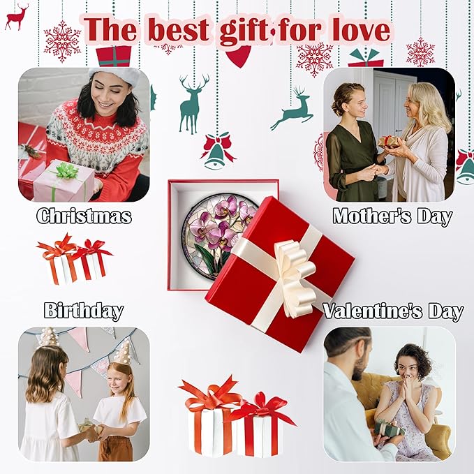 Stained Glass Window Hanging - Pink Purple Phalaenopsis Flowers Sun Catcher for Door Home Decor Plant Suncatcher Christmas Mother's Day Birthday Gifts for Women Men Mom Nana 9.8 in