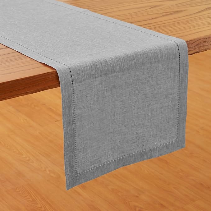 Solino Home Linen Table Runner 108 Inches Long - Milan Hemstitch 100% Pure Linen Oyster Grey Dining Table Runner 14 x 108 Inch for Fall, Autumn, Christmas, Holiday, New Year