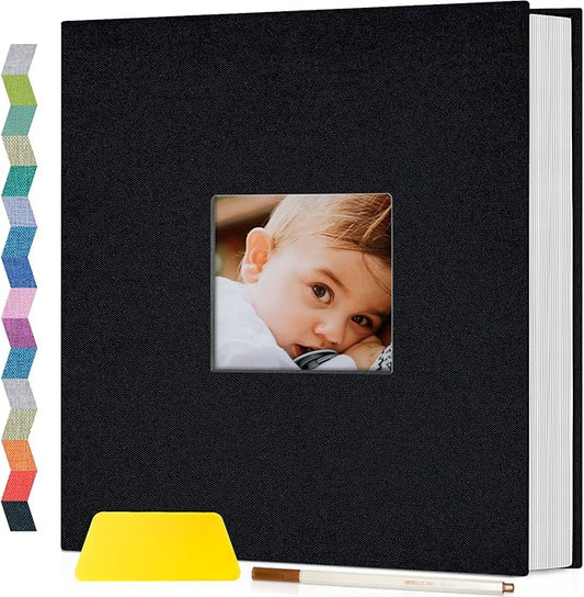 Popotop Photo Album Self Adhesive with Picture Display Window,60 Pages DIY Scrapbooking Supplies Kit for 4x6 10x12 Picture,Linen Cover Memory Book for Baby Wedding, with Scraper and Metallic Pen