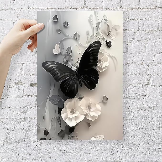 Black Butterfly with Flowers Canvas Poster Modern Minimalist Wall Art Trendy Elegant Painting Prints Vintage Nature Botanical Aesthetic Home Decor for Bedroom Living Room 24x36inch Unframed