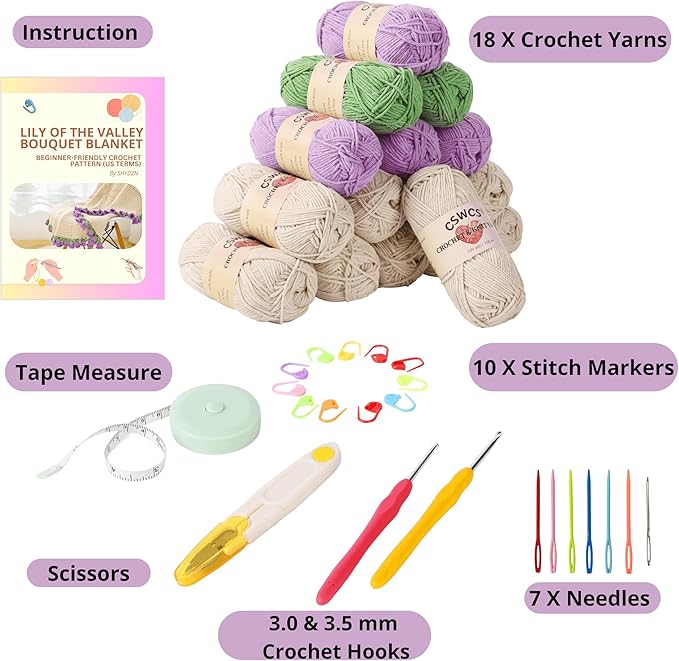 CSWCS Crochet Blanket Kit for Beginners, 40 inches Flower Bouquet Shawl Throw Kits for Adults, Learn How to Knitting with Yarn, Hook & Instructions, Gifts for Women Home Decor (Lily of The Valley Kit)