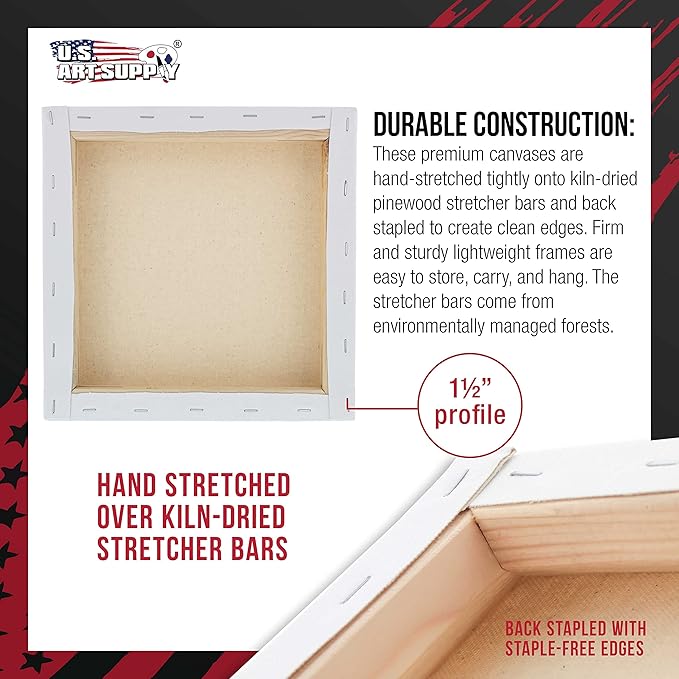 U.S. Art Supply Square Stretched Canvas for Painting 10x10 inch Gallery Depth 1-1/2" Thick, 4-Pack - 12oz Acrylic Gesso Triple Primed, Professional Artist Quality, 100% Cotton - Pouring, Oil Paint