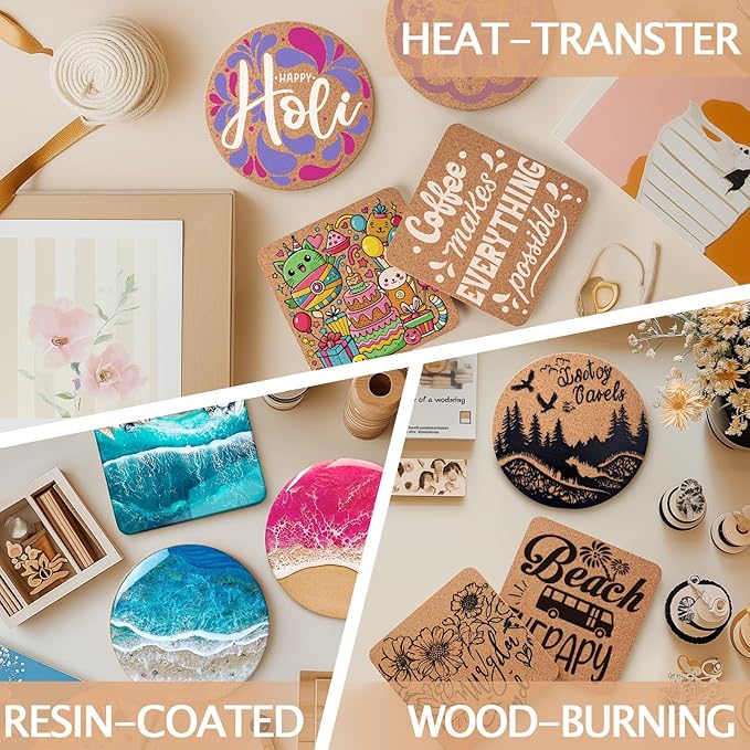 100 Pieces Cork Coasters for Drinks, GOH DODD Thicken Absorbent Blank Coasters for DIY Crafts Laser Engraving Sublimation Wood Burning Plants Painting Housewarming Gifts Wedding, Square Round, 4 Inch