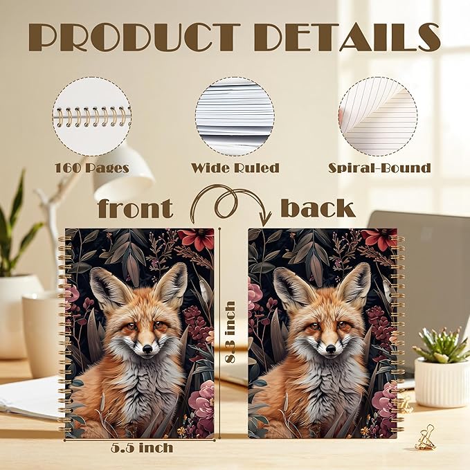 Vintage Floral Fox Notebook, Whimsical Forest Animal Journal, Fox Gifts for Women, Dark Cottagecore Flower Aesthetic Spiral Notebook Journal, 5.5x8.3 Inch