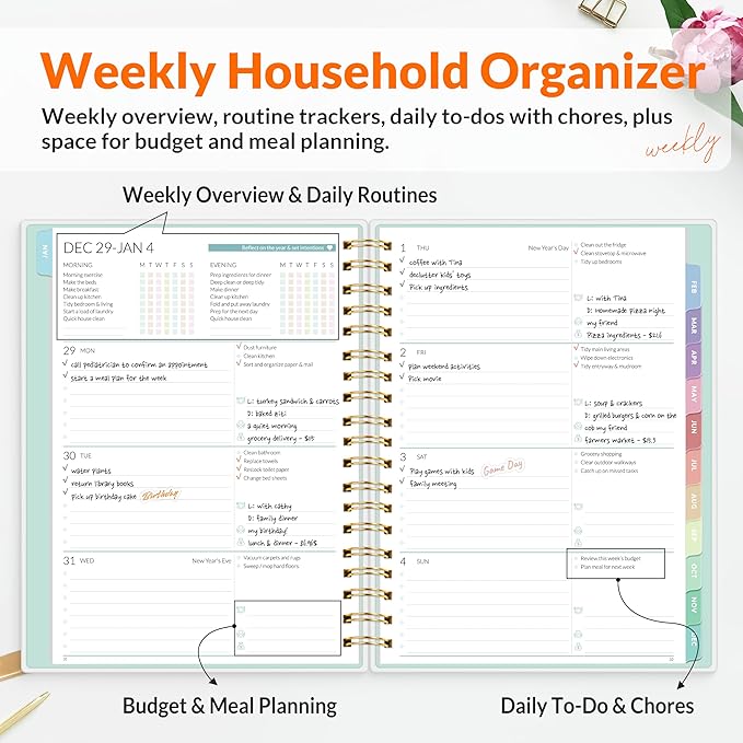 SUNEE Home Planner 2026, Work from Home Planner w/Stickers, JAN 2026 - DEC 2026, Monthly Budget Planner, Checklists for Routines and Goals, Weekly Calendar, Ideal for Gift, Poly Laminated Cover,Floral