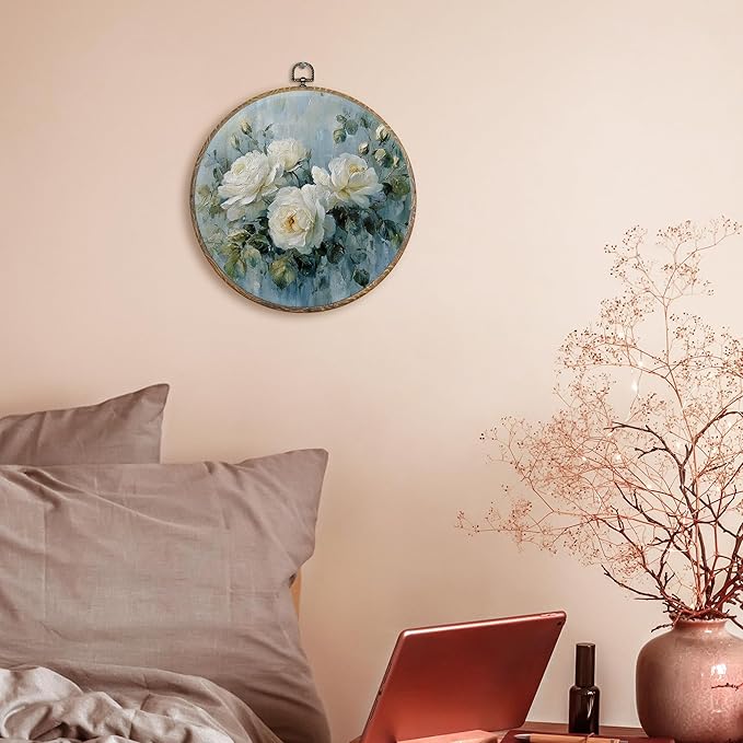 FUGWN Vintage Rose Floral Round Wall Art Decor Framed, Rustic White Botanical Floral Canvas Artwork Prints, Cottagecore Flower Wall Hanging Decorations for Home Bedroom Living Room, 10x10 Inch