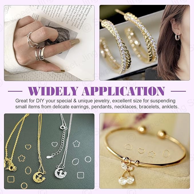 Swpeet 400Pcs Gold and Sliver 12mm 15mm 16mm 18mm 5 Styles Open Jump Rings Assortment Kit, Plum Bossom/Water Droplets/Heart/SquareIron O Rings Connectors Jewelry Findings