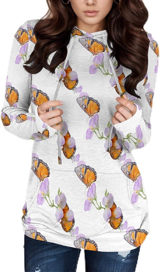 Hooded Sweatshirt Women Fall Butterfly Sweatshirts Lightweight Long Sleeve Pullover Tops Trendy Outfits Plus Size