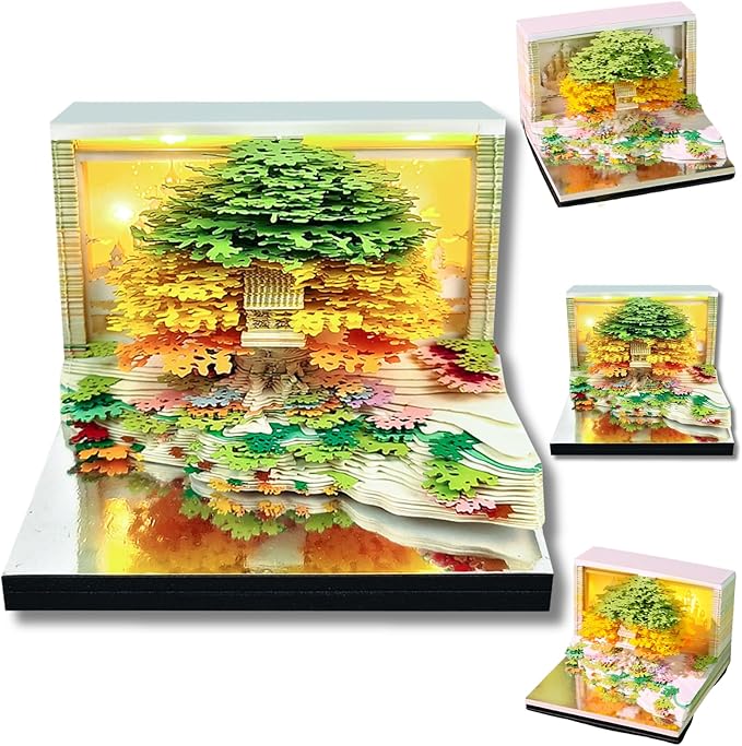 3D Calendar 2026, Flower Sea and Tree Island Time Piece Calendar 2026, Daily Tear-Off Memo Pad with LED Glow, Paper Carving Desktop Decoration, Unique Holiday & New Year Paper Craft Gift, Green