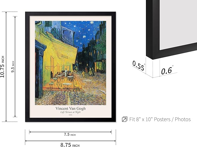 Monem Art Vintage Van Gogh Poster - Retro Cafe Terrace at Night Print - Impressionism Art - Fine Art - Classic Painting Art - Aesthetic Living Room or Bedroom Wall Decor - 8x10 Black Framed