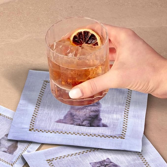 Cocktail Napkins Set of 6, 6x6 inch, 100% Linen, Printed Animal Pattern, Reusable & Washable Cloth Coasters for Beverages, Hosting, Gifting & Everyday Use (Cat Meme)
