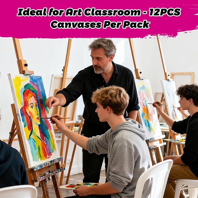 12-Pack Stretched Canvas for Painting – 100% Cotton Triple Primed 12x16 Canvas Frame, 5/8" Profile Value Pack Blank Painting Canvas for Adults & Kids – Ideal for Oil & Acrylic Paint, Watercolor