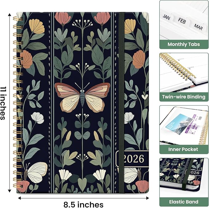 2026 Planner, Monthly and Weekly Calendar Planner for Women, Jan 2026 - Dec 2026, Hardcover Pretty 2026 Agenda Planner Book with Tabs, Spiral Bound, Perfect for School Office Home Supplies, 8.5" x 11" - Butterfly Tapestry