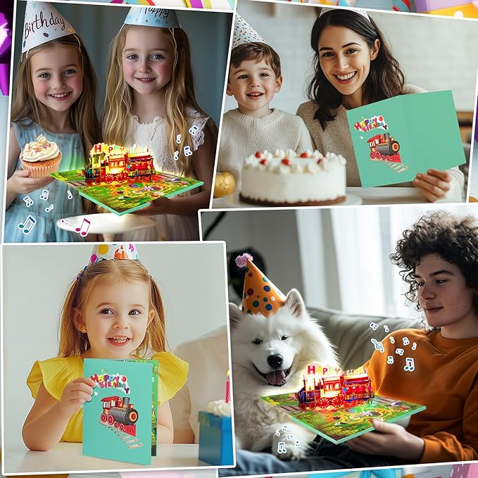 GREETING ART Train Musical Birthday Cards, Happy Birthday Train Card, 3D Pop Up Birthday Card, Light and Music Happy Birthday Card for Women, Men