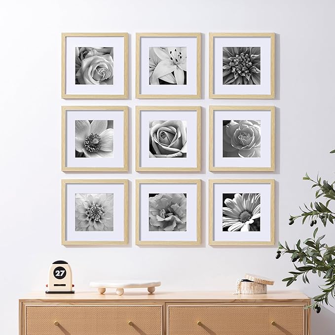 eletecpro 12x12 Picture Frames Set of 9 with Mat for 8x8 Photos or without Mat for 12x12, Square Gallery Wall Decor Collage for Picture Display, Natural Frame Set for Wall Hanging