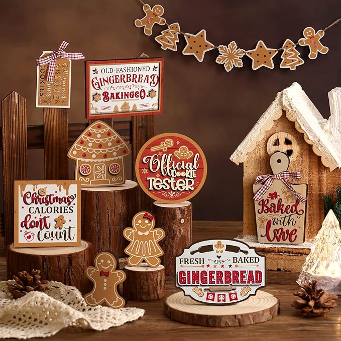 Kajaia 15 Pcs Christmas Tiered Tray Decor Winter Tiered Tray Decorations Set Snowman Snowflake Gingerbread Man Hot Cocoa Wooden Signs Farmhouse Christmas Table Decorations(Gingerbread Man)
