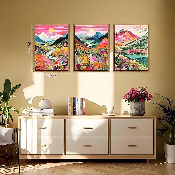 Floating Framed Large Boho Colorful Mountain Wall Art Set of 3, Abstract Watercolor Landscape Flower Wall Decor Paintings, Modern Nature Sunset Forest Posters Prints for Living Room 16x24 Inch