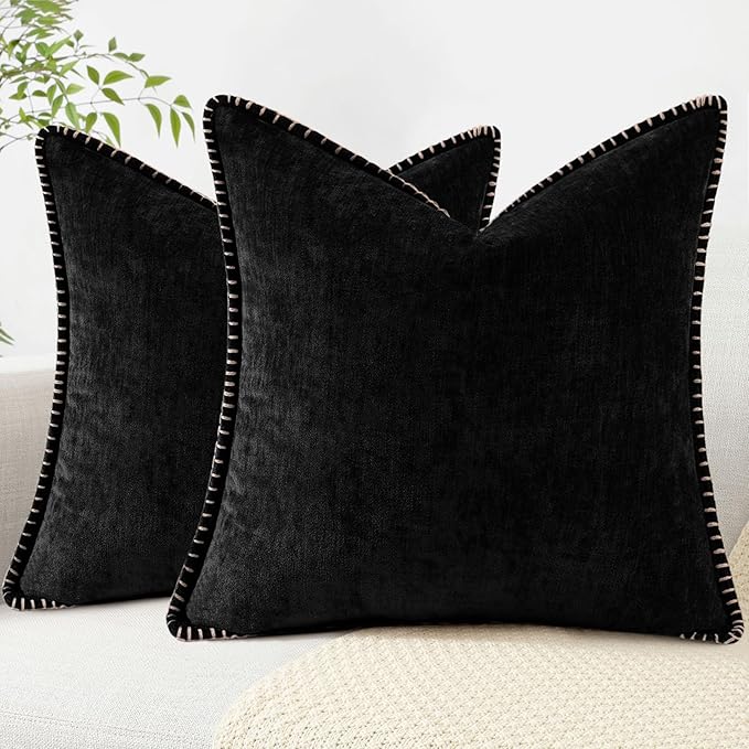 decorUhome Spring Chenille Soft Throw Pillow Covers 26x26 Set of 2, Farmhouse Velvet Neutral Decorative Euro Sham Pillow Covers with Stitched Edge for Couch Sofa Bed Home Decor, Black