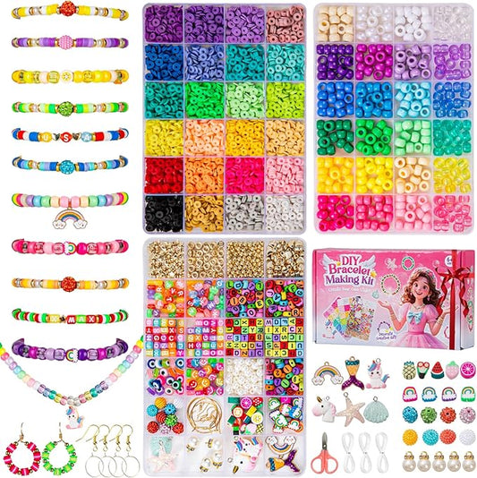 Taybonds Friendship Bracelet Making Kit for Girls Age 6+, 3 Boxes Jewelry Making Kit with Polymer Clay Charms, Clay, Pony, Letter Beads, Pearls, Unicorn Mermaid Rainbow Pendants, Craft Supplies Gift