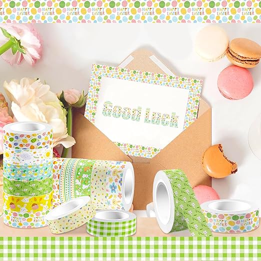 12 Rolls Happy Easter Washi Tape, Green Plaid Floral Masking Tape, Cute Rabbit Egg Decorative Sticker for Scrapbook Journal DIY Craft Birthday Easter Gift Wraps 16.4FT
