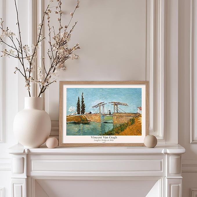 Monem Art Vintage Van Gogh Poster - Retro Langlois Bridge at Arles Print - Impressionism Art - Landscape Art - Fine Art - Classic Painting Art - Bedroom or Office Decor - 11x14 Beige Framed