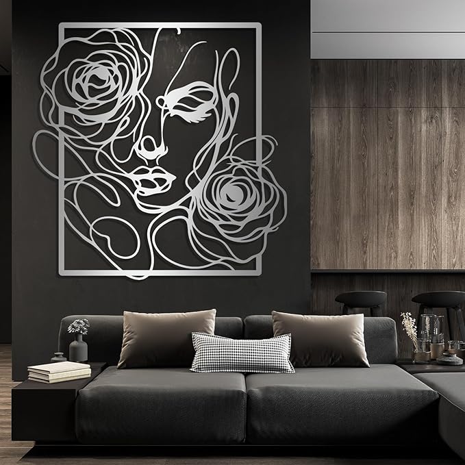 Trpiox Abstract Woman Face Flower Metal Wall Art, Minimalist Woman Flower Metal Wall Decor, Women Face Wall Decor for Living Room, Bedroom, Office(Black,35" Hx35 W/90x90cm)