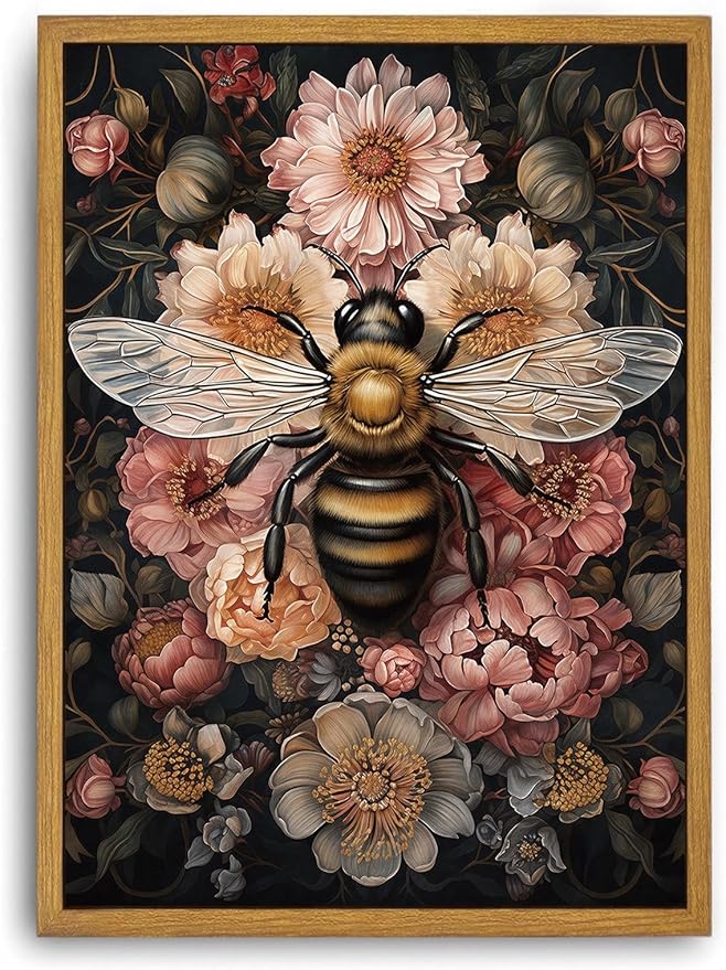 Djmwtb Vintage Framed Wall Art Floral Bee Canvas Wall Art Prints Botanical Flower Painting Cottagecore Pictures Artwork for Living Room Bedroom Office 12x16in