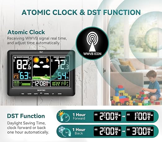 Weather Station Wireless Indoor Outdoor Thermometer: BOZYBO Digital Atomic Clock with Indoor/Outdoor Temp, Temperature Gauge Weather Clock with Calendar and Adjustable Backlight