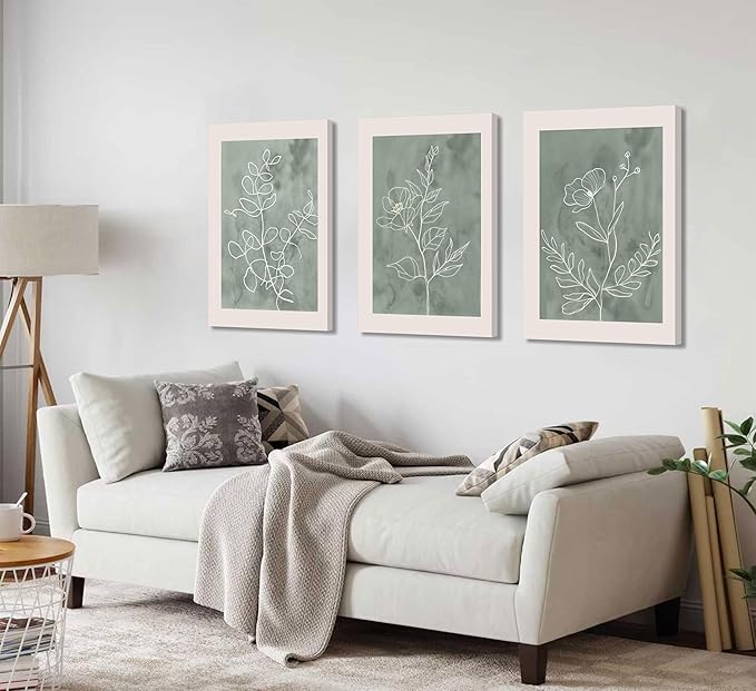 3Pcs Sage Green Botanical Wall Art Line Drawing Floral Canvas Poster Prints Modern Abstract Minimalist Picture Neutral Boho Artwork Simple Painting Wall Decor for Living Room Bedroom 12x16in Framed