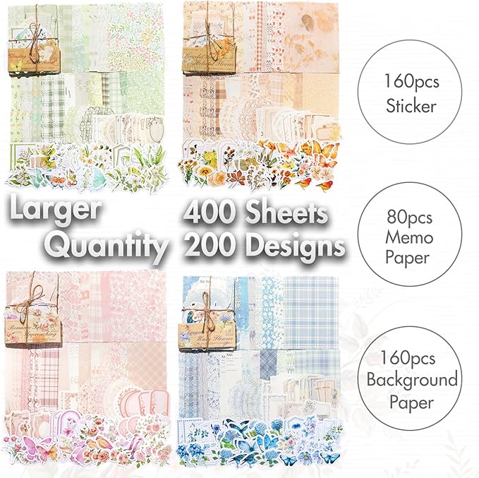 Vintage Floral Scrapbook Paper & Journaling Stickers (400pcs) Assorted Set - 4 Pack Junk Journal Supplies for Bullet Journaling, Retro Crafts, Planner, Mixed Media, Collage Card Album