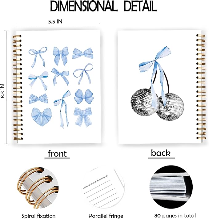 Blue Coquette Bow Y2K Notebook, Blue Girly Trendy Funky Disco Ball Spiral Notebook 5.5x8.3, Preppy Aesthetic Journal for Women, Girly Office Supplies, Spiral Journal
