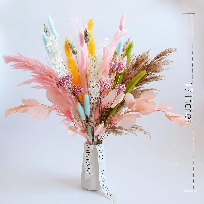Pastel Dream Dried Flower Bouquet (No Vase) | 17'' Mini Floral Arrangement with Pink Pampas, Bunny Tail, Reed Grass & More Natural Dried Flowers – Home Wedding Decor Centerpiece