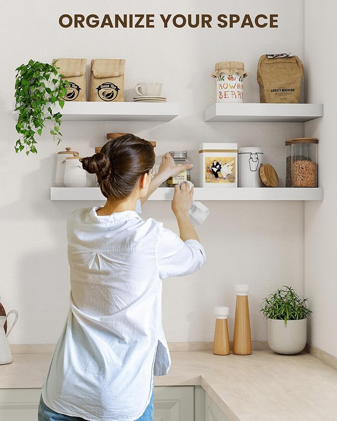 Marsmiles 40" Floating Shelves for Wall, Wooden Shelves with Invisible Brackets Set of 2, Rustic Farmhouse Wall Mounted Shelf for Kitchen Bathroom Living Room Study, White