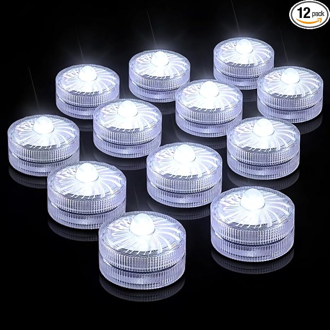 HL Submersible LED Light,White Small LED Light,100 Hours Waterproof Flameless Led Lights Battery Powered for Wedding Home Vase Festival Party Decoration 12pcs (Built-in 24 Batteries)