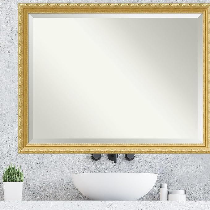 Amanti Art Gold Wall Mirror 34x44 Versailles Gold Rectangle Bathroom Mirror for Wall Decor Living Room, X-Large Traditional Wood Frame, Hangs Horizonally and Vertically, Bathroom Decor, Beveled Edge