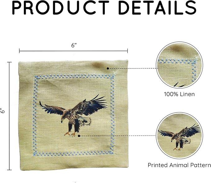 Cocktail Napkins Set of 6, 6x6 inch, 100% Linen, Printed Animal Pattern, Reusable & Washable Cloth Coasters for Beverages, Hosting, Gifting & Everyday Use (Eagle - Colorful)