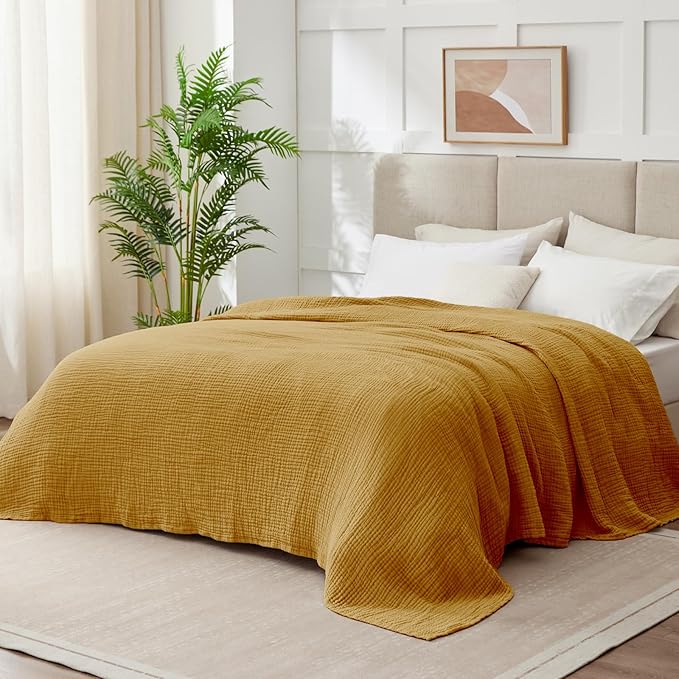 100% Cotton Muslin Blanket Large 50"x 70", 6 Layers Breathable and Lightweight Cotton Throw Blankets for Couch, Soft Cooling Summer Gauze Blanket for Adults All Season, Mustard