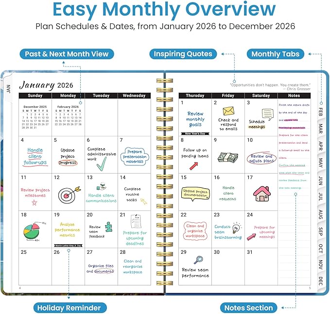 2026 Planner, Weekly and Monthly Planner for Women, January 2026 to December 2026, Pretty Hardcover 2026 Calendar Planner Book with Tabs, Inner Pocket, Spiral Bound, Perfect Office Home School Supplies - 6.3" x 8.5", Summer Valley
