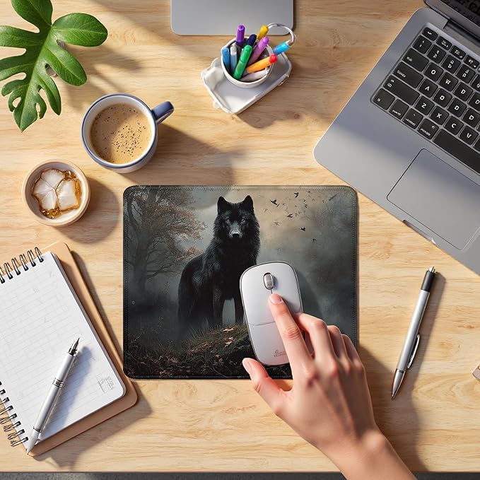 Moody Forest Wolf Raven Mouse Pad, Dark Contemporary Botanical Wolf Crow Bird Mousepad for Desk Home Office Dorm Computers Laptop, Gothic Office Supplies Desk Accessories, 9.5x7.9 Inch