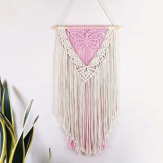 LB Macrame Wall Hanging, Pink Butterfly Tapestry Wall Hanging Decor Boho Art Wall Decor Bohemian Handmade Yarn Macrame Wall Art for Living Room Apartment Office Backdrop,13" W x 25.6" L