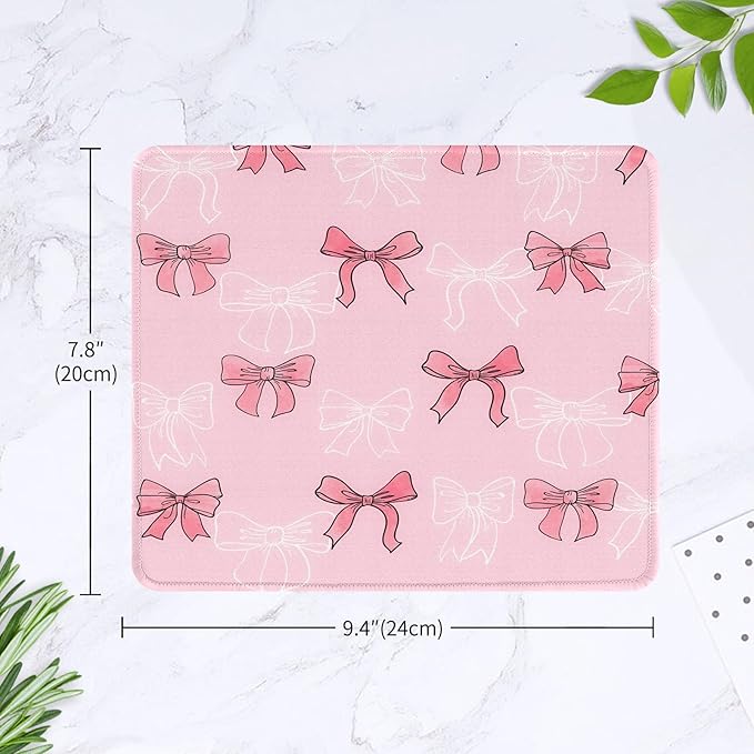 Seorsok Square White Line Drawing-Bows and Abstract Bows Mouse Mat,Premium Textured Mouse Pads for Office Laptop,Washable Square Mousepads with Extended Stitched Edges Non Slip Rubber Base,Pink