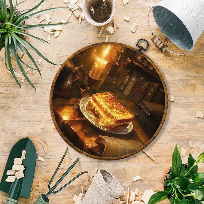 Hiuwevt Vintage Moody Kitchen Round Wall Art Decor, Dark Academia Candlelight Bread Framed Canvas Prints, Retro Round Wall Hanging Decor for Kitchen Dining Room Decorations, 10x10 Inches