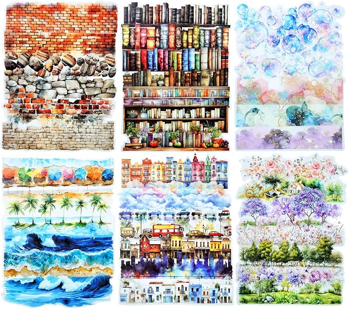 PET Scrapbook Stickers Set, 120PCS Journaling Supplies with 6 Themes Book Wall Ocean City Tree Bubble Decorative Stickers for DIY Crafts and Planners
