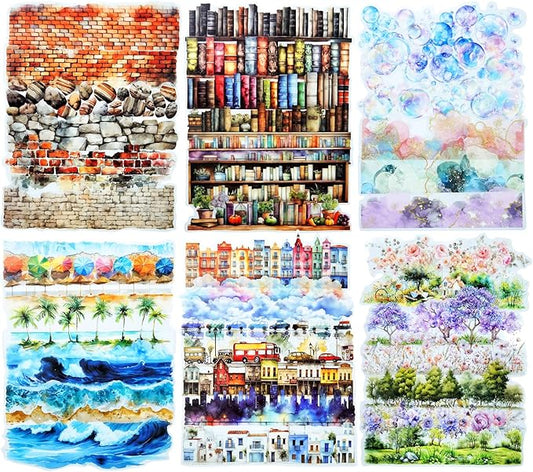 PET Scrapbook Stickers Set, 120PCS Journaling Supplies with 6 Themes Book Wall Ocean City Tree Bubble Decorative Stickers for DIY Crafts and Planners