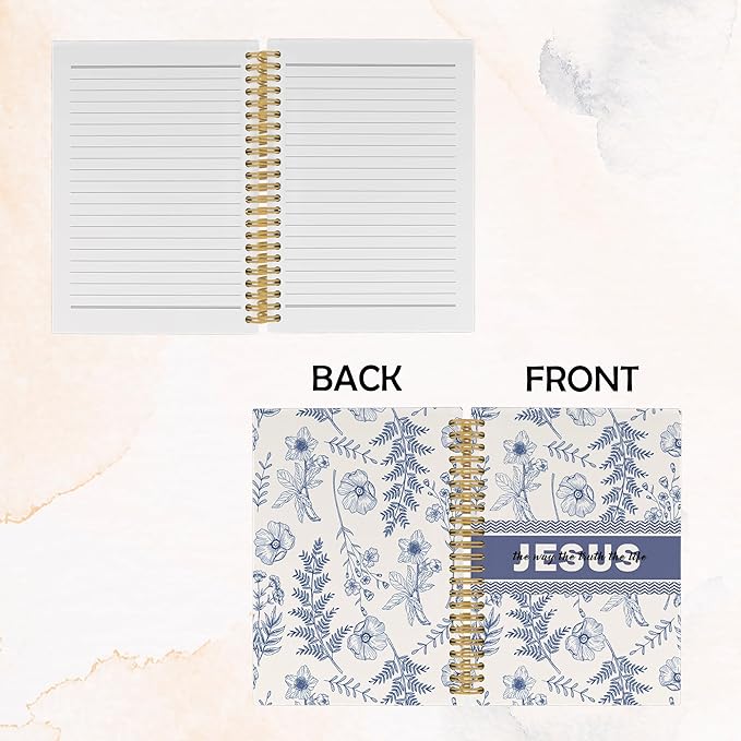 Christian Jesus Journal Notebook, Blue and White Floral Notebooks College Ruled for Work School, Preppy Bible Gifts for Women, Office Supplies, Hardcover Spiral Notebook 5.5"x8.3"