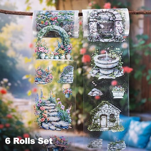 Stone Landscape PET Tape Set, 6 Rolls Pre-Cut Garden Scenery Stickers for Scrapbooking, Journaling, DIY Crafts, and Gift Wrapping