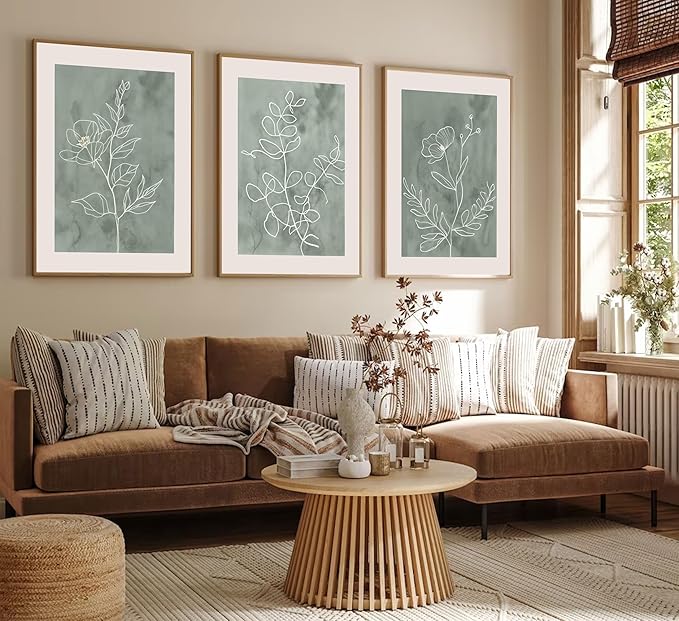 3Pcs Sage Green Botanical Wall Art Line Drawing Floral Canvas Poster Prints Modern Abstract Minimalist Picture Neutral Boho Artwork Simple Painting Wall Decor for Living Room Bedroom 16x24in Unframed